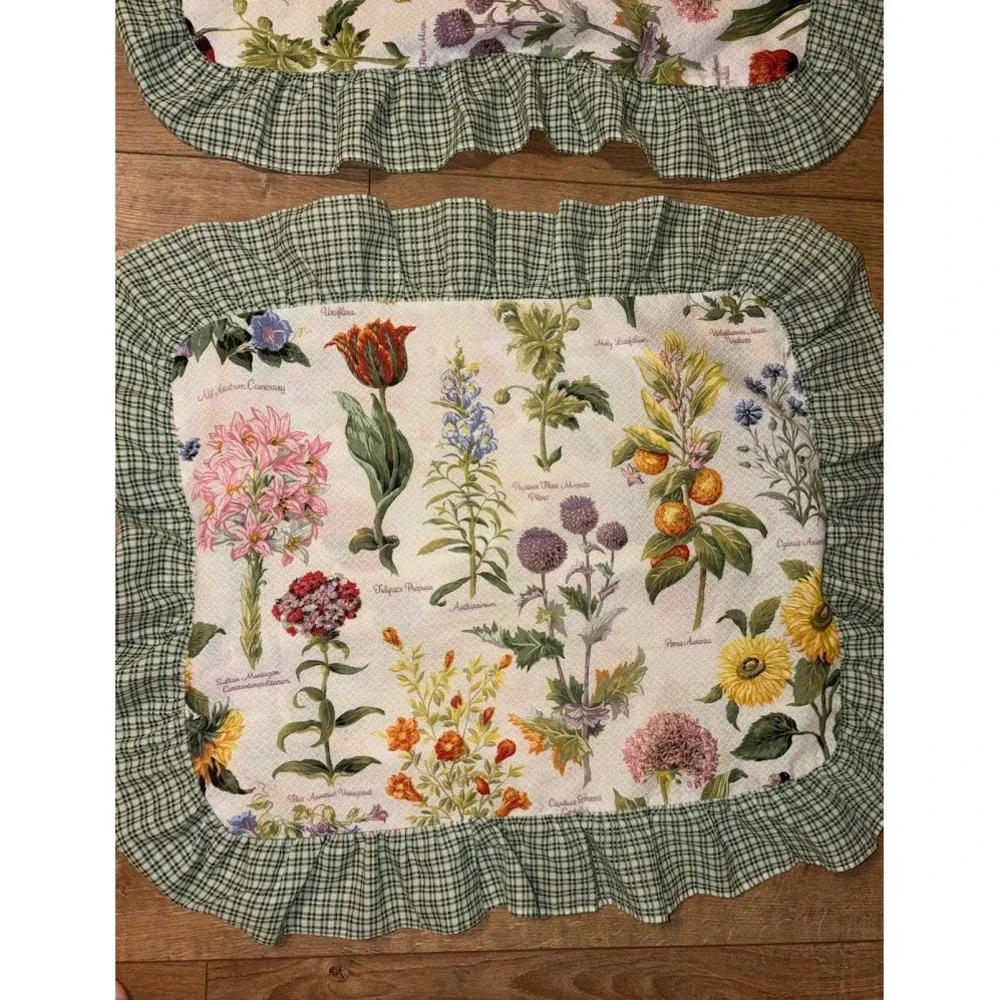 Vintage Botanical Floral Ruffle Pillowcases Set of 2 Gingham Green White Square